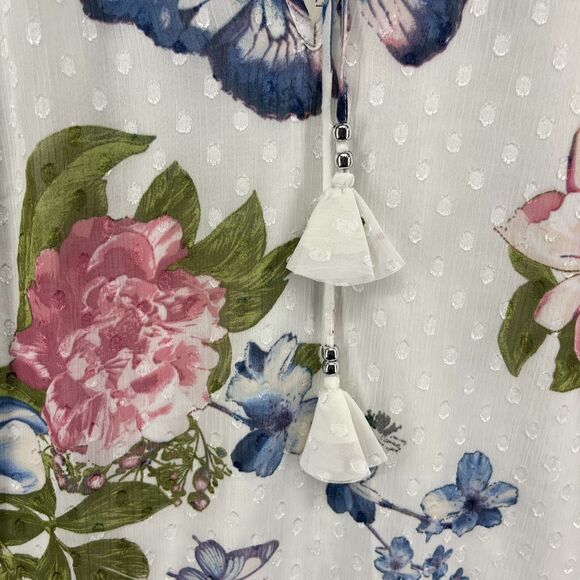 Haver & Blair London Top XL White Boho Floral Butterfly Blouse Tassel‎ Neck Tie - Picture 3 of 16